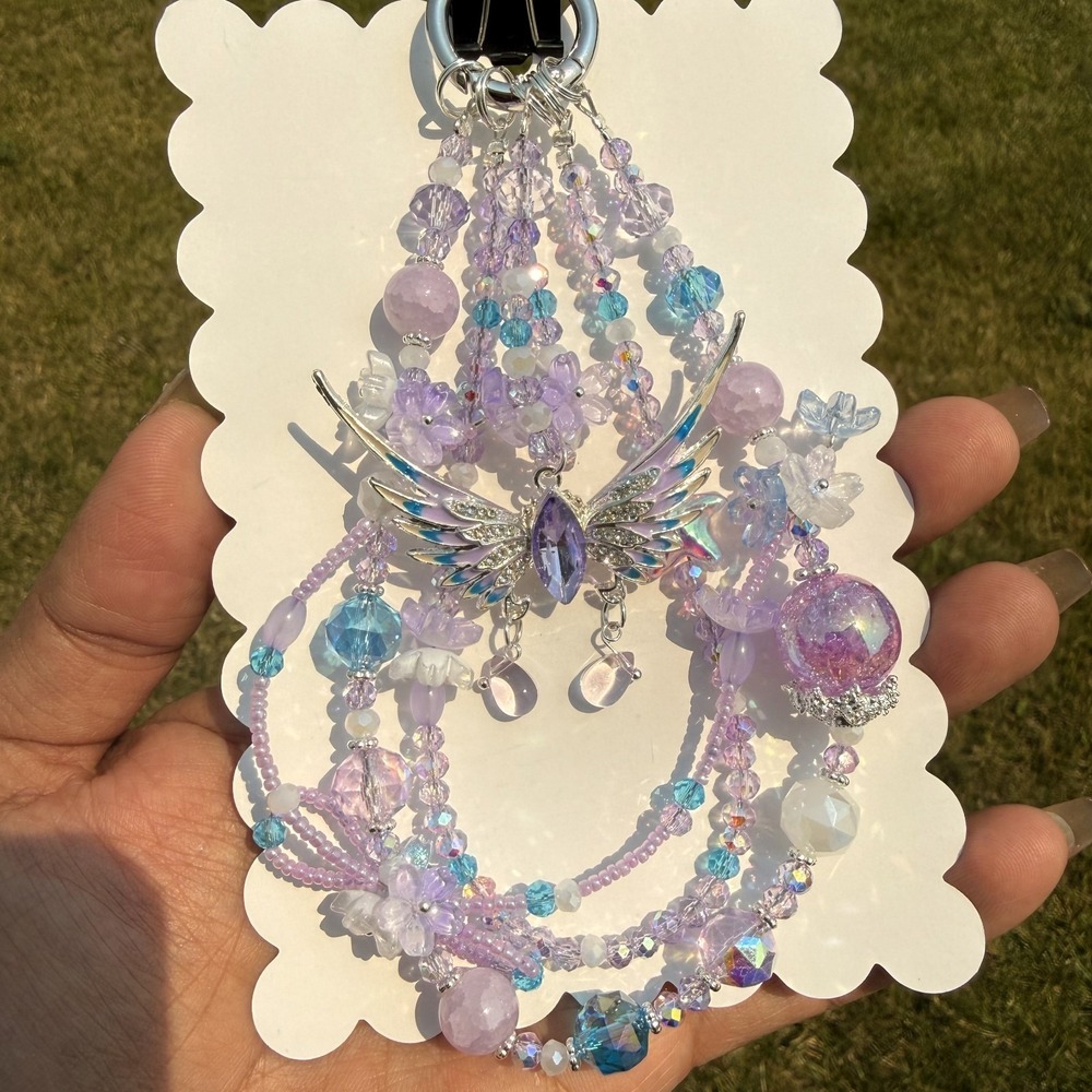 Fairy Wings Purple Blue Beaded Phone Wristlet Charm Keychain Crystal Handmade